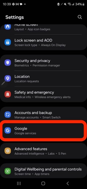 Settings app selection for Google Services