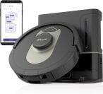 Shark robot vacuum and self-emptying dock and smartphone with home floor plan on screen