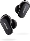 Bose truly wireless earbuds hovering on white background