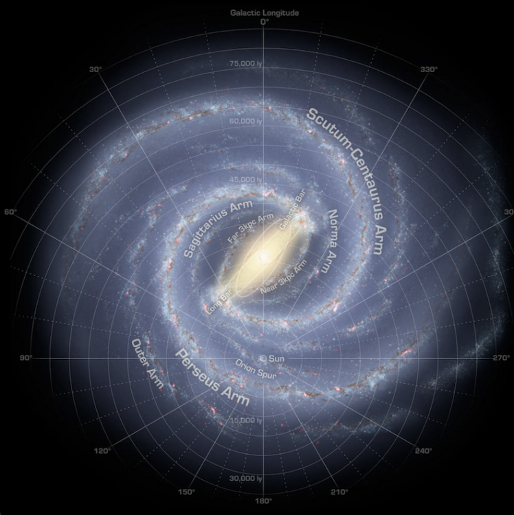 A graphic of the Milky Way galaxy, with the sun shown below the galactic center.