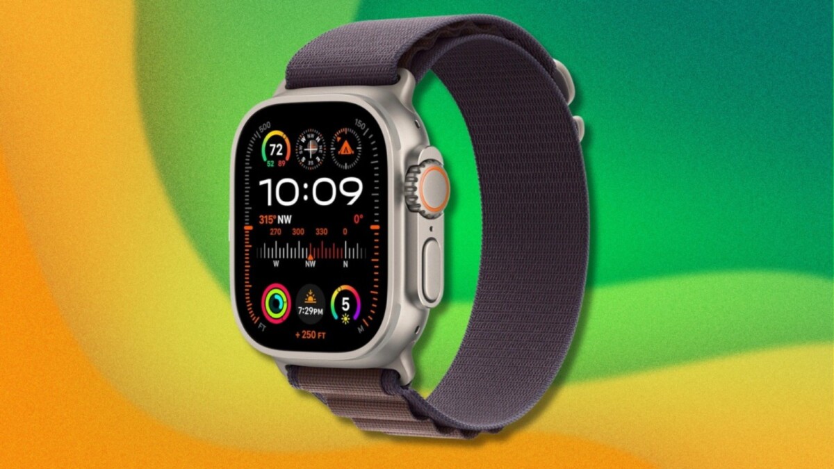 Apple Watch Ultra model with yellow and orange and green background