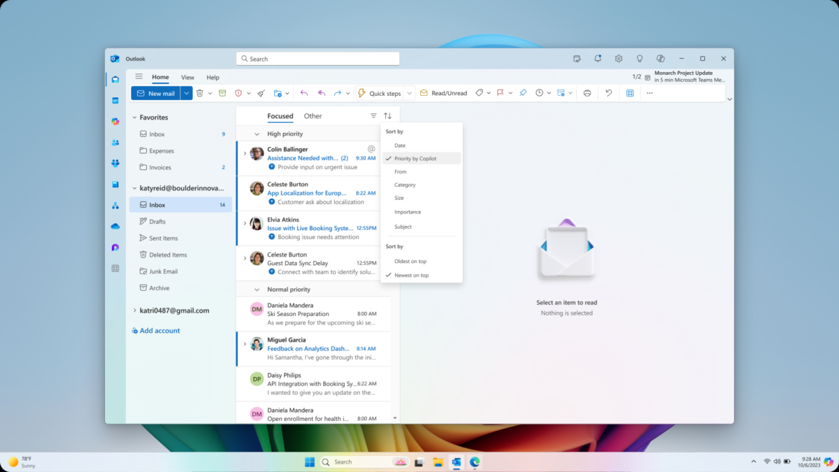 Copilot prioritizing important emails in the Outlook app