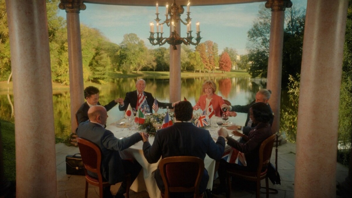 Denis Ménochet, Rolando Ravello, Nikki Amuka-Bird, Charles Dance, Cate Blanchett, Roy Dupuis, and Takehiro Hira talk in a gazebo"Rumours."