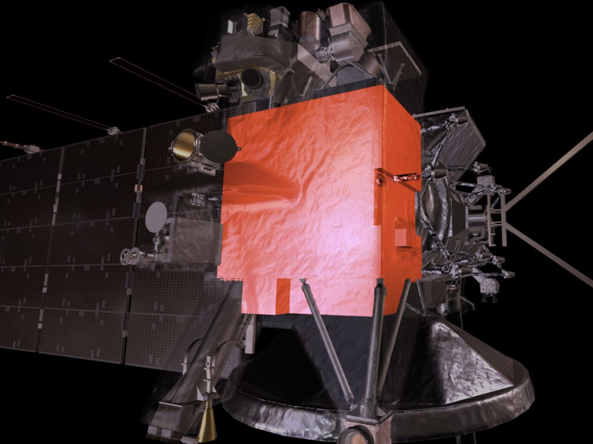 In this graphic, the box illuminated in red shows the Europa Clipper's vault on the center of the spacecraft.