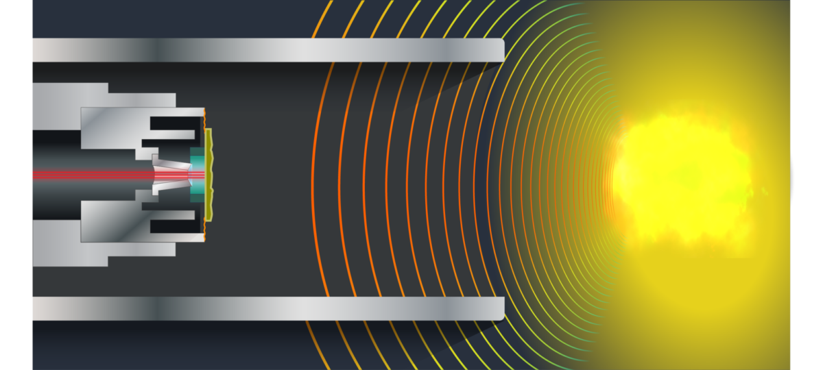 A graphic showing the simulated nuclear detonation inside the Z machine's chamber. The nuclear explosion, on right, is sending X-rays toward the mock asteroid, which is the vertical yellow object. The horizontal red lines, on left, demonstrate where the researchers measured the mock asteroid's recoil.