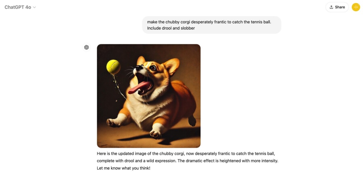 follow-up prompt asking Chatgpt for more description of the corgi chasing a tennis ball, with feverish intensity