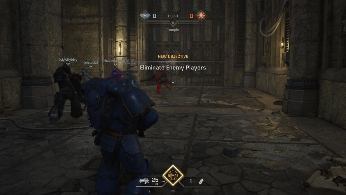 Multiplayer gameplay is in progress, with Space Marines fighting in a temple-like area. The objective is "Eliminate Enemy Players," and the HUD reflects competitive match elements.