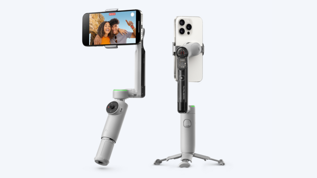 Two Insta360 Flow Pros side by side. The one on the left has its inbuilt tripod deployed,