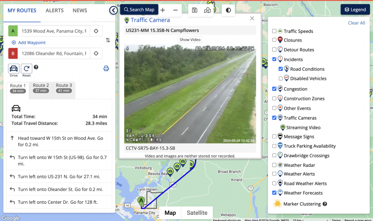 the FL511 website showing its map and a live video of traffic conditions 