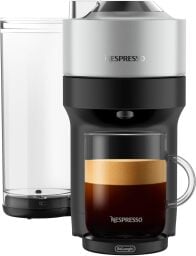 Nespresso vertuo Pop+ coffee maker with frothy cup of coffee