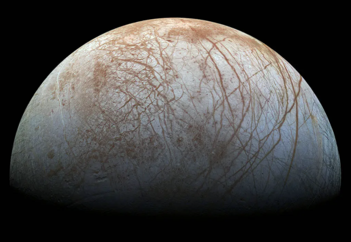 Europa's surface as captured by NASA's Galileo spacecraft.