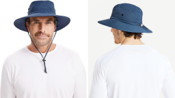 A composite of two images of a man wearing the Solbari Traveller Broad Brim Sun Hat UPF50+, viewed from the front and back.