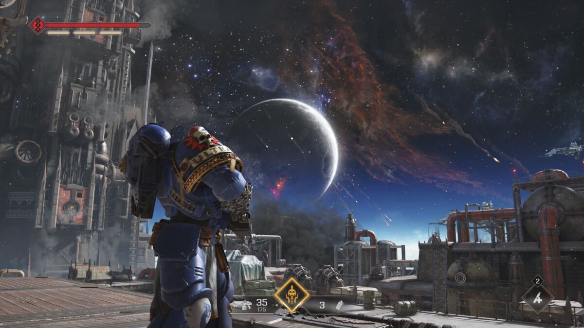 A Space Marine stands on an industrial rooftop, gazing at a celestial scene with a large moon and debris in space. The HUD displays ammo counts and other combat-ready information.