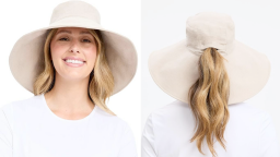 A composite of two images of a woman wearing the Solbari Ultra Wide Cotton Linen Hat UPF50+, viewed from the front and back.