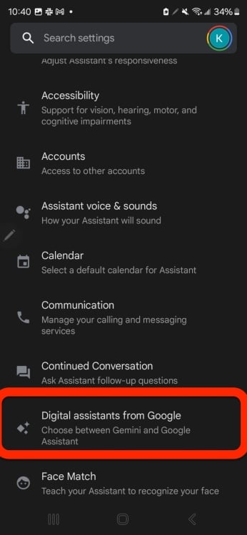 "Digital Assistants from Google" selected with a red rectangle