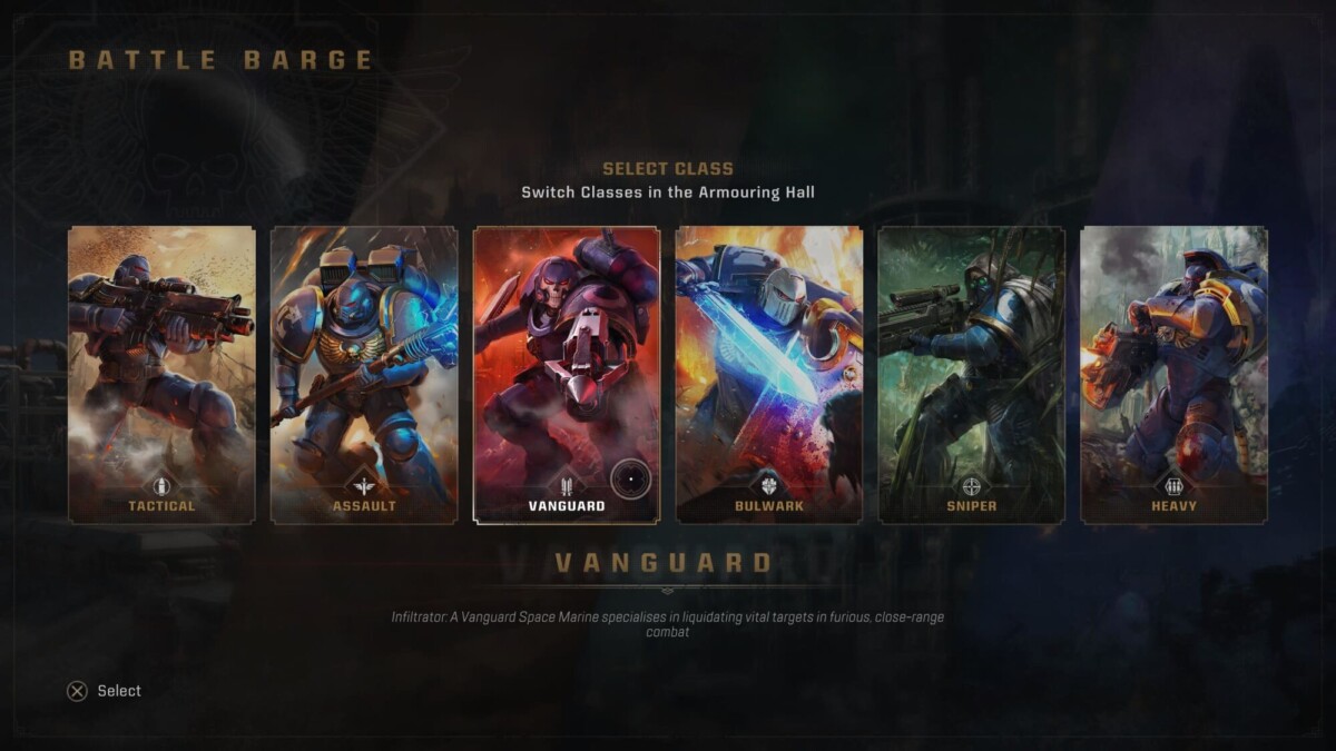 Class selection screen displaying various Space Marine classes such as Tactical, Assault, Vanguard, Bulwark, Sniper, and Heavy.