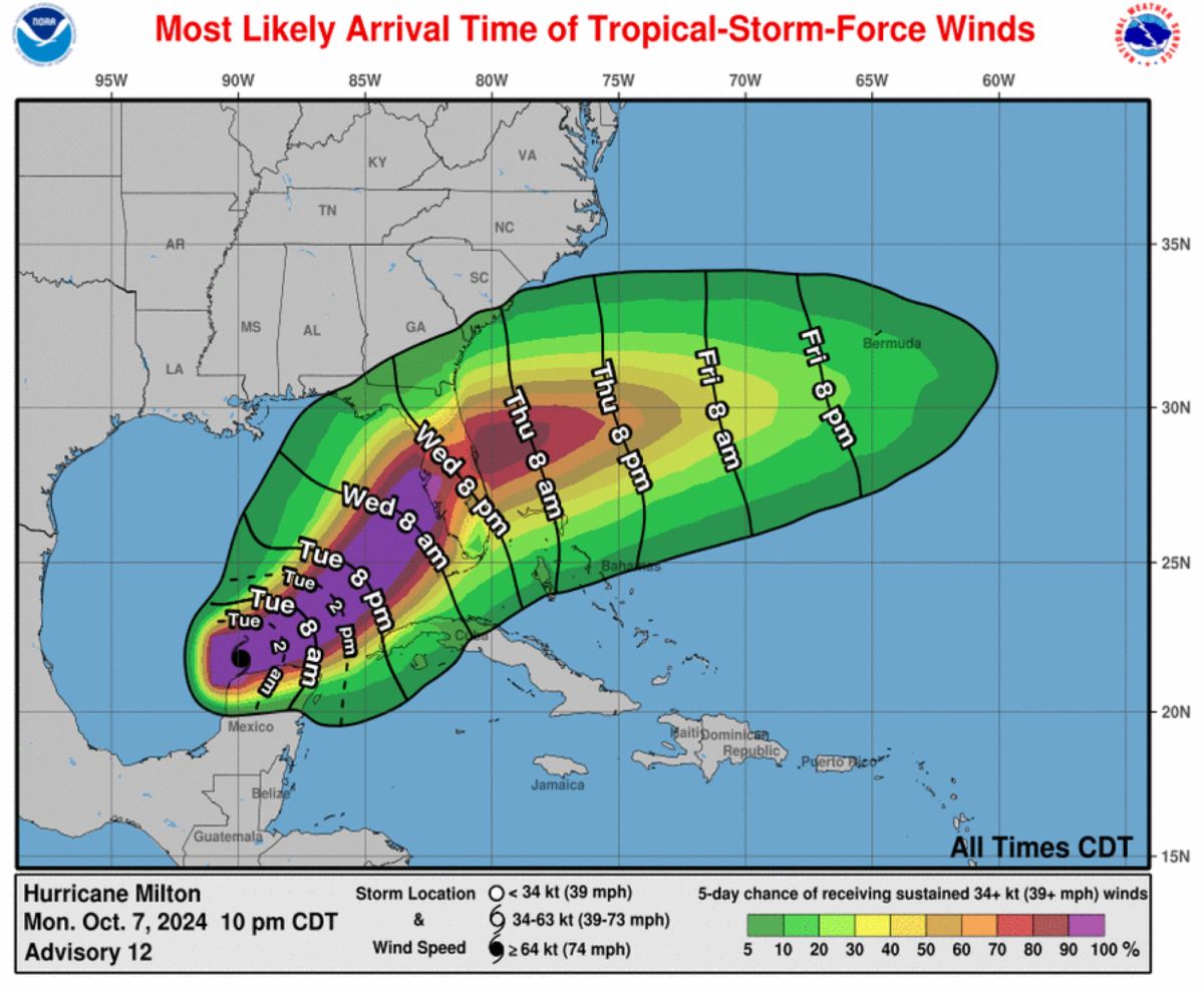 A graphic showing the most likely arrival times of tropical-storm-force winds from Hurricane Milton.