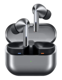 Silver Samsung Galaxy Buds3 Pro wireless headphones coming out of storage case