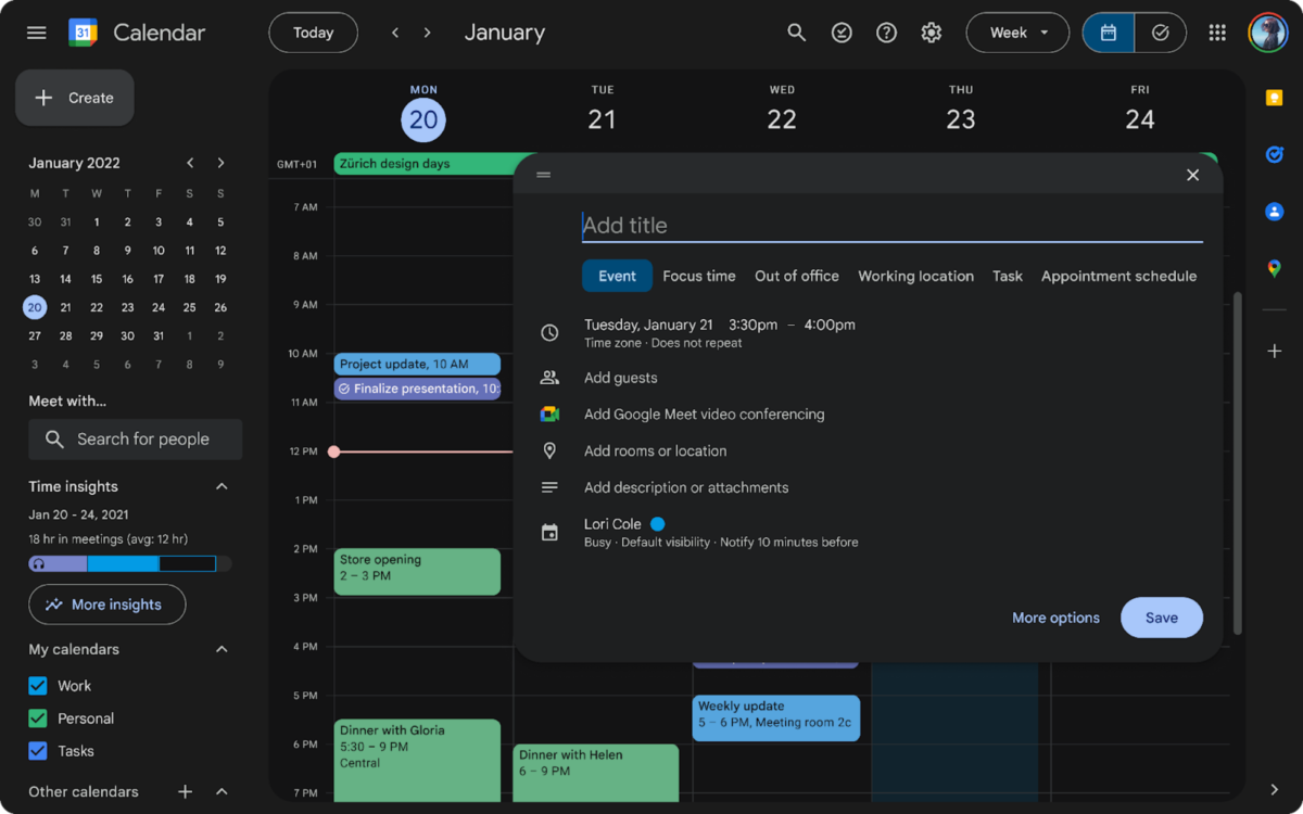 google calendar in dark mode