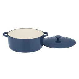 a blue cuisinart cast iron pot with lid to the side