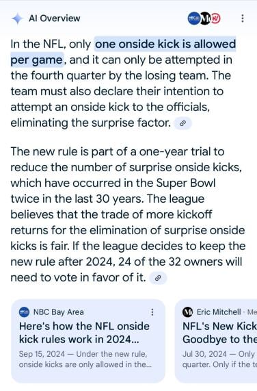 a google ai overview incorrectly stating teams only get one onside kick