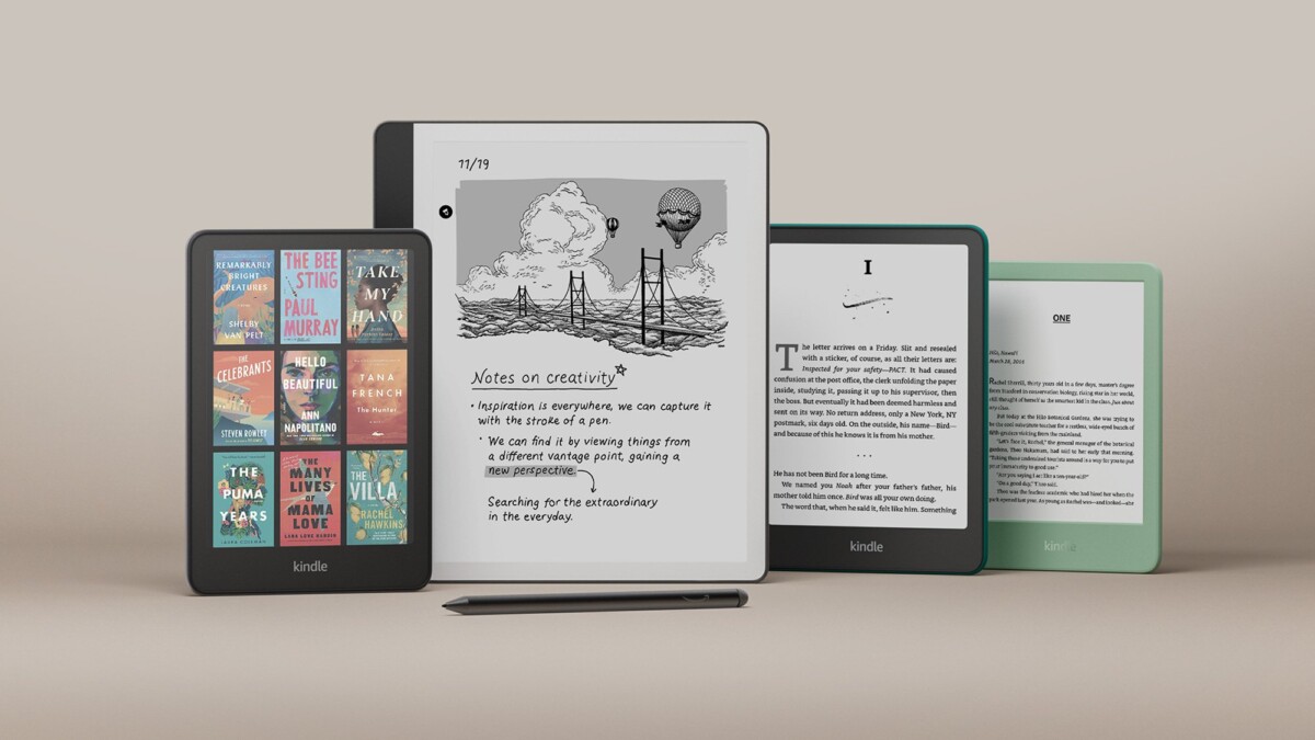 the new kindle paperwhite, kindle scribe, kindle colorsoft and kindle in a row