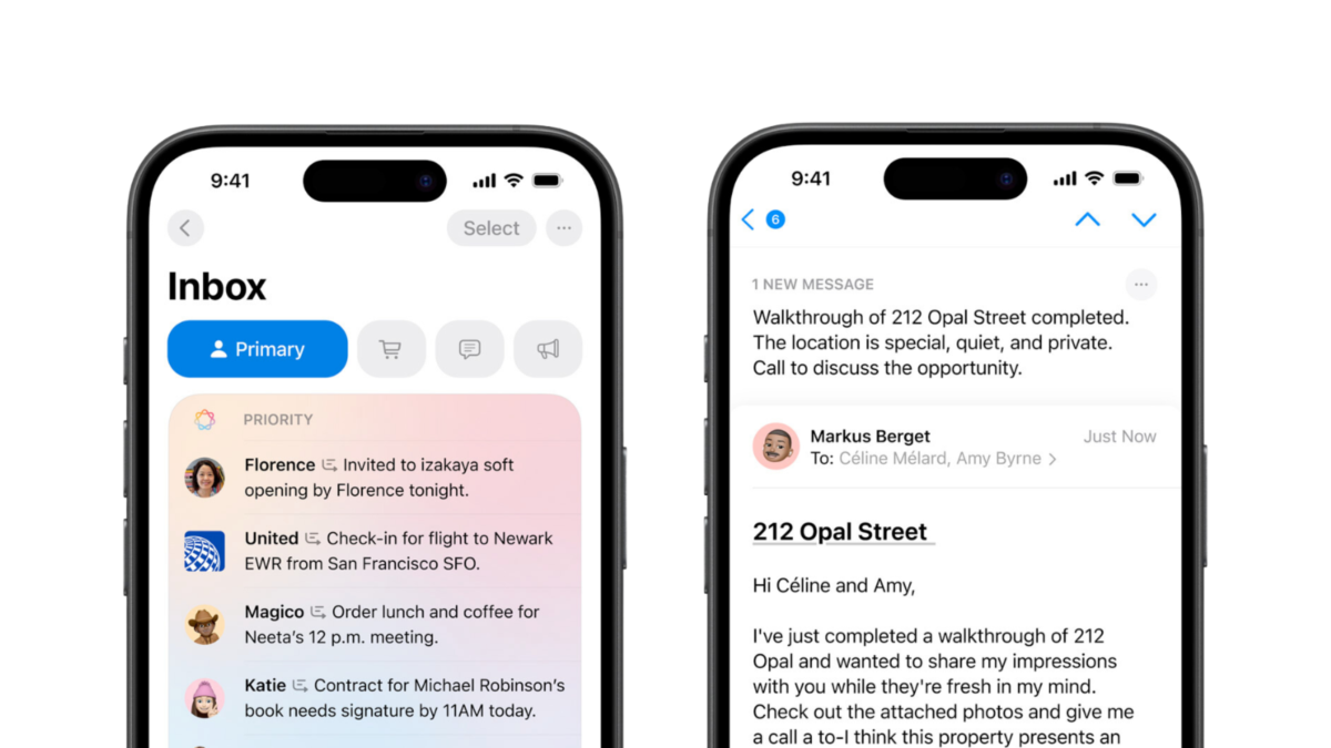 Two iPhones showing Apple Intelligence's Priority email section and email summaries in Mail.