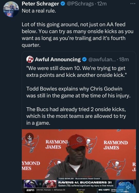 tweet showing awful announcing getting corrected on wrong information about onside rule