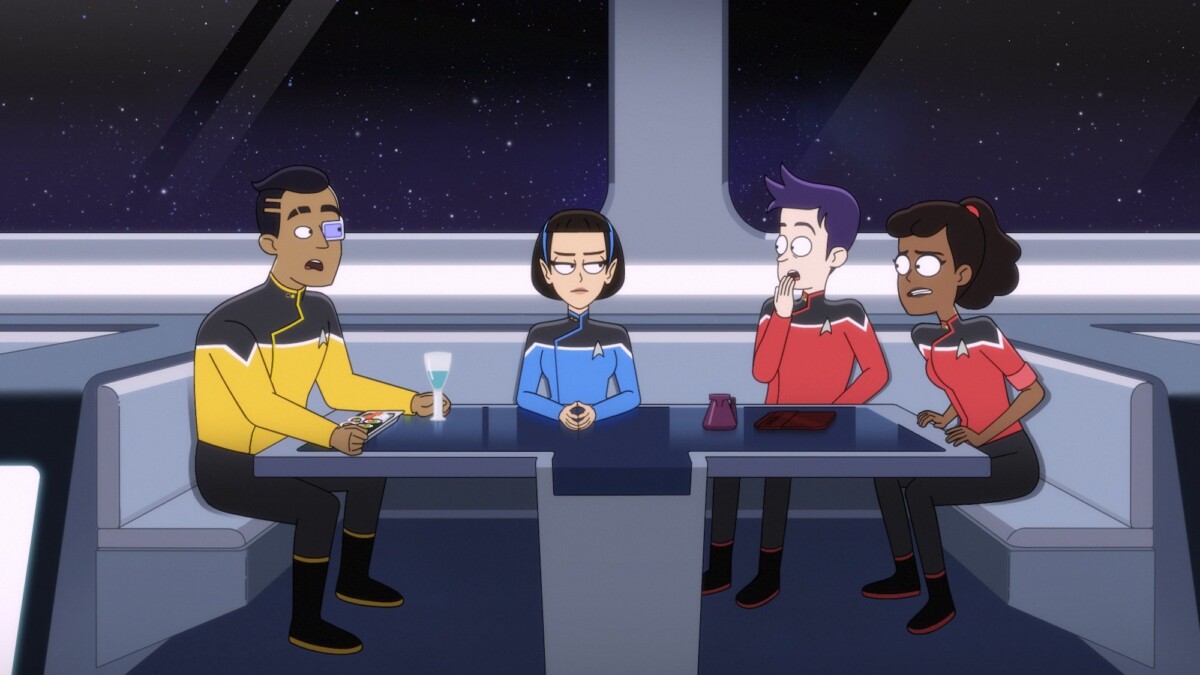 Rutherford, T'Lyn, Boimler, and Mariner hang out in the ship's bar.