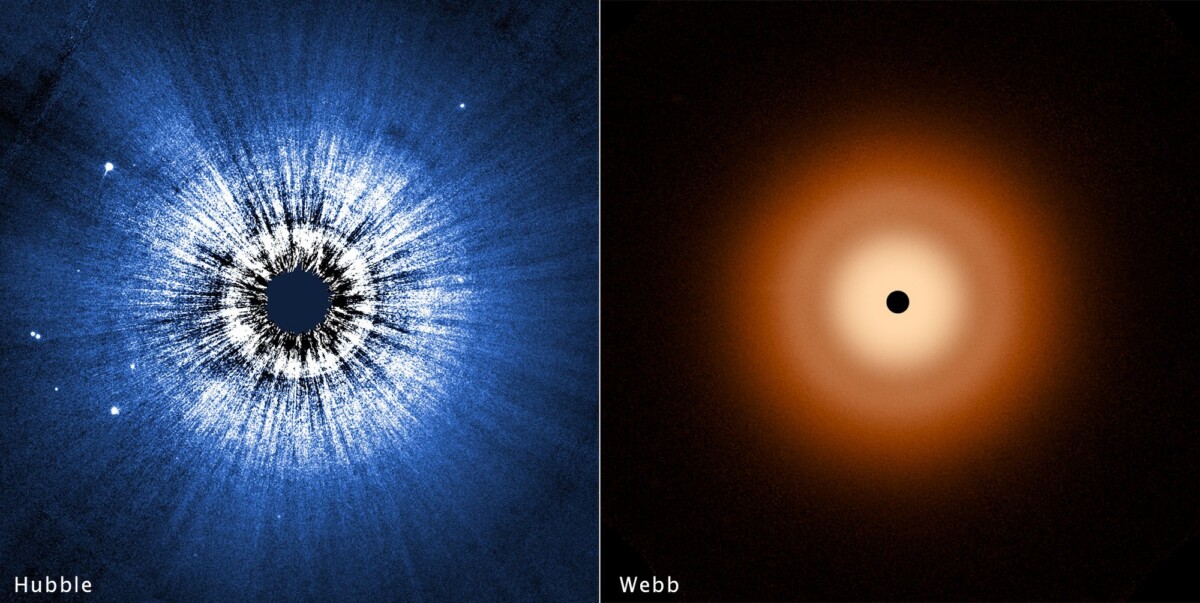 A side-by-side comparison of the image captured by Hubble, left, and the image captured by Webb, right