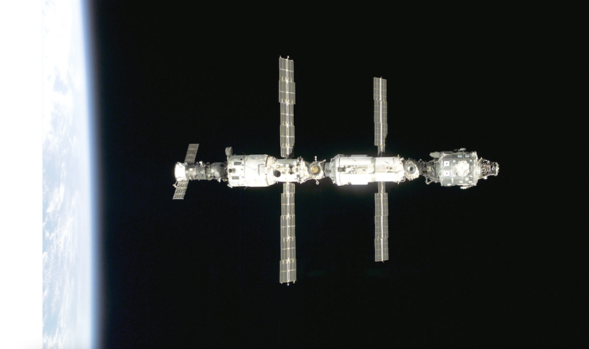 An image from 2000 showing the early stages of the International Space Station. The Zvezda service module is the module on the left.