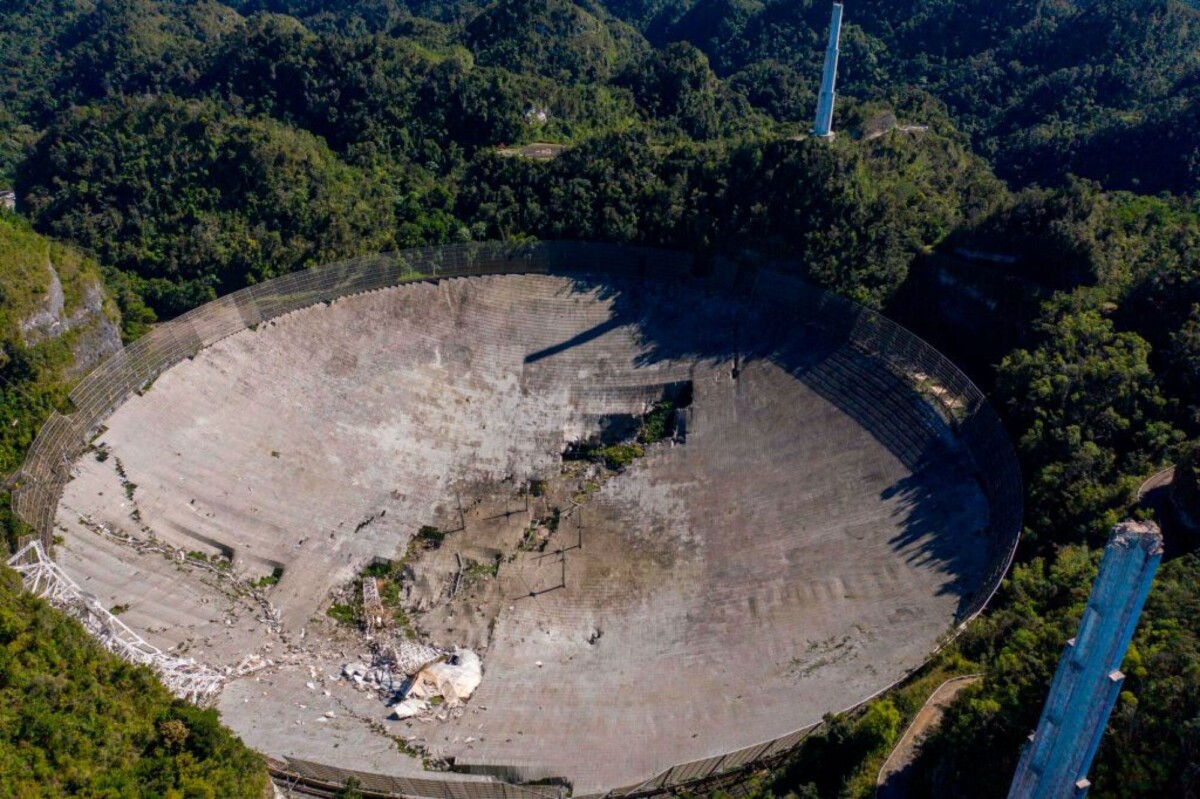 An aerial view showing the damage to the Arecibo telescope after its collapse 