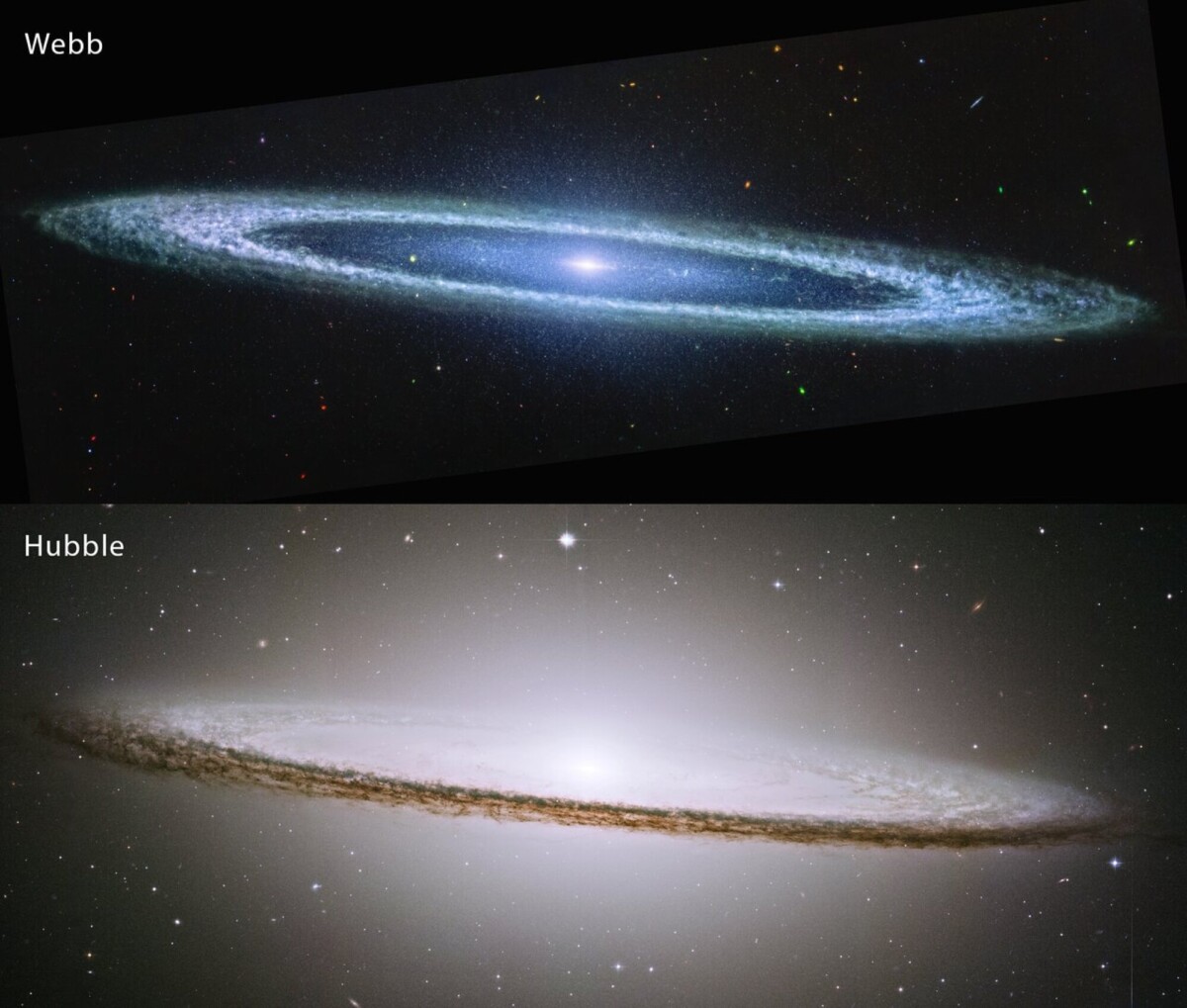 A comparison of Webb's image of the Sombrero Galaxy, top, to the Hubble image.