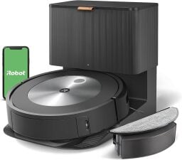 iRobot Roomba Combo j5+ on self-empty dock, water tank, and smartphone with green iRobot screen