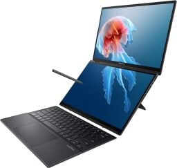 An ASUS Zenbook Duo Laptop appears on a white background with a jellyfish on its two screens; there is also a pen floating towards it.