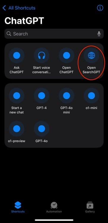 the searchgpt shortcut command for chatgpt on an iphone screen