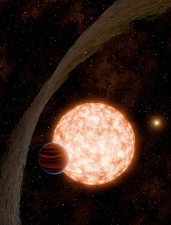 An artist's conception of the young world IRAS 04125+2902 b in front of its star. To the left is the developing solar system's thick ring of dust and gas.