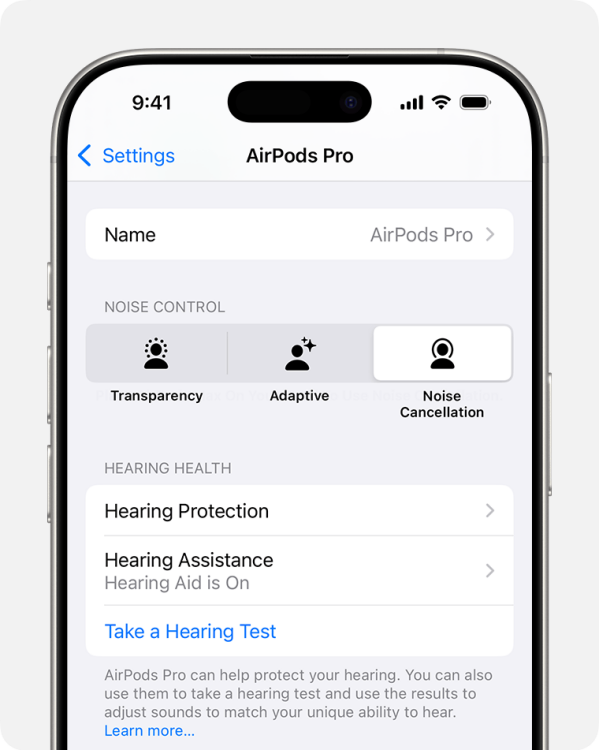 An iPhone's Airpods Pro settings.