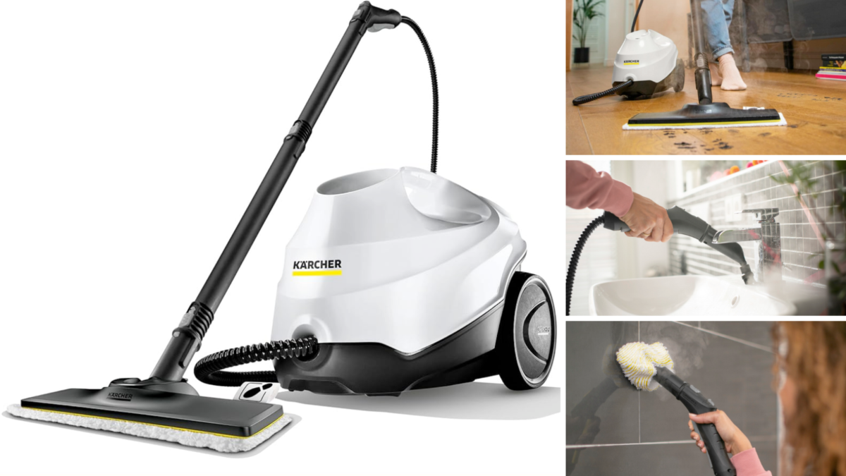 A composite of images of the Kärcher SC 3 EasyFix steam cleaner. On the left is a large picture of the SC 3 EasyFix on a white background with the floor glider attached. On the right are three pictures of various attachments in use.