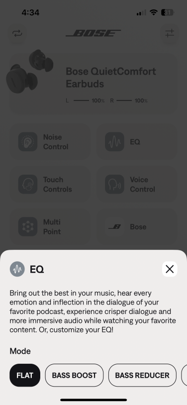 equalizer setting menu in bose qce app