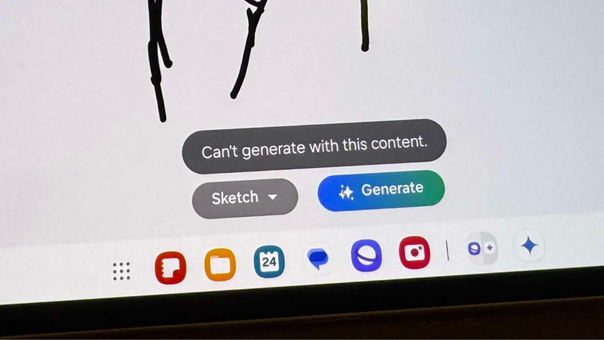 A notification from Samsung's Sketch to Image tool that says, "Can't generate with this content."