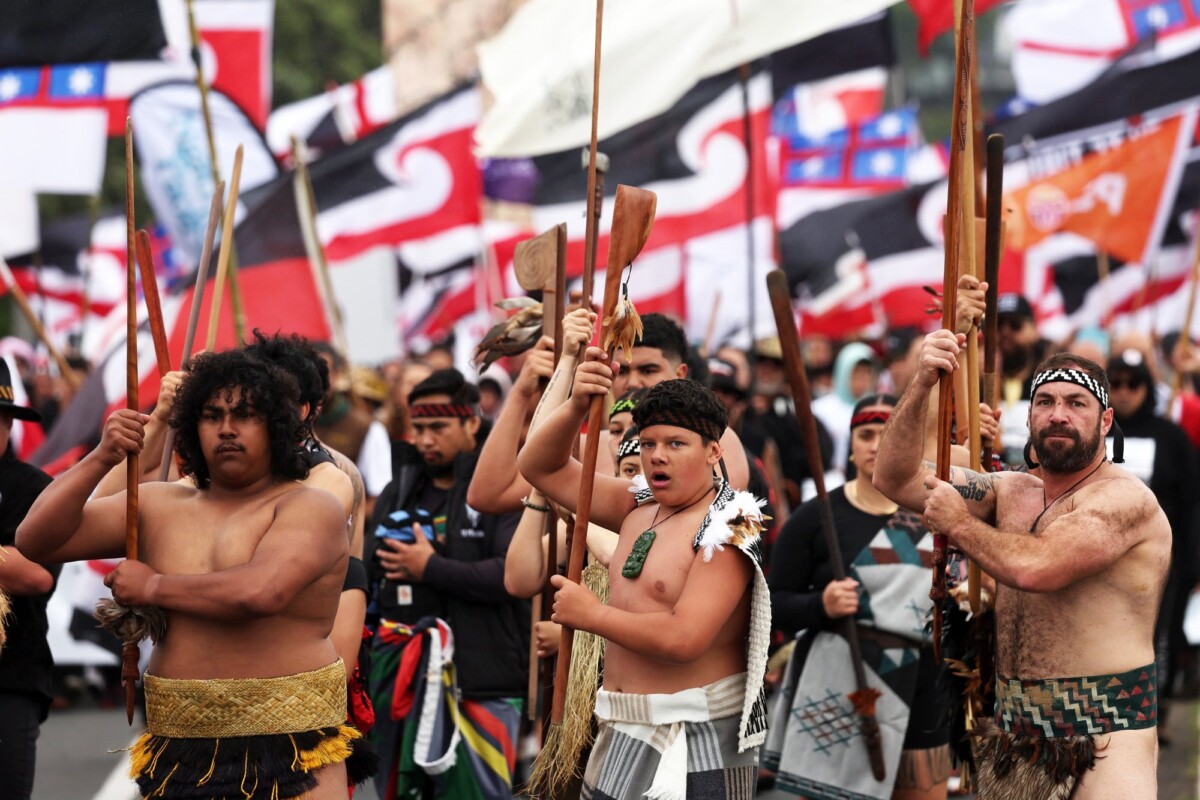 A group of Maori protesters perform a haka in front of a large crowd waving flags. 