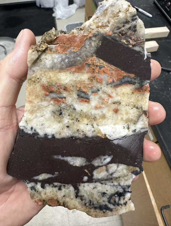 The dark reddish-brown bands are the layers of Tava sandstone researchers say were crushed under heavy glaciers during Snowball Earth.