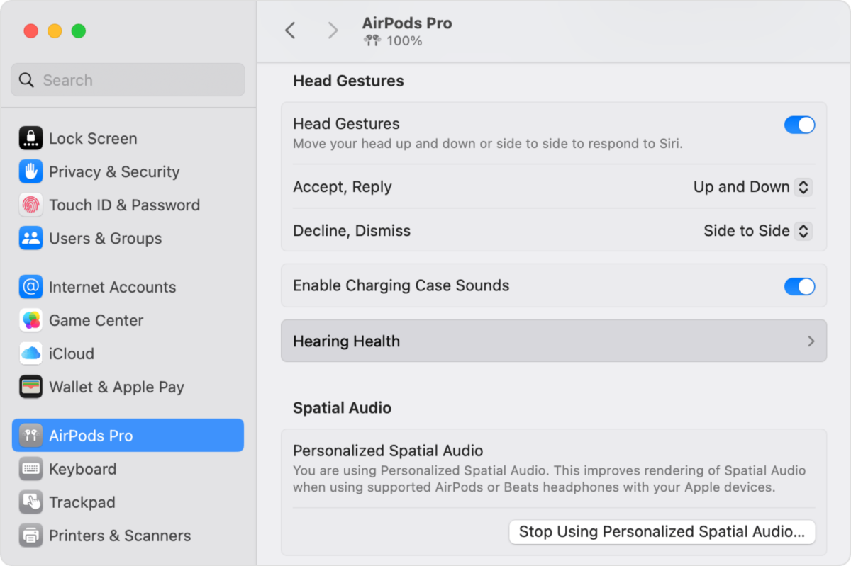 The settings menu for AirPods Pro on MacOS. 