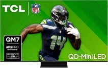 TCL QLED TV with screensaver featuring football player and green backdrop