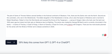 AI text detecor with a paragraph about game of thrones