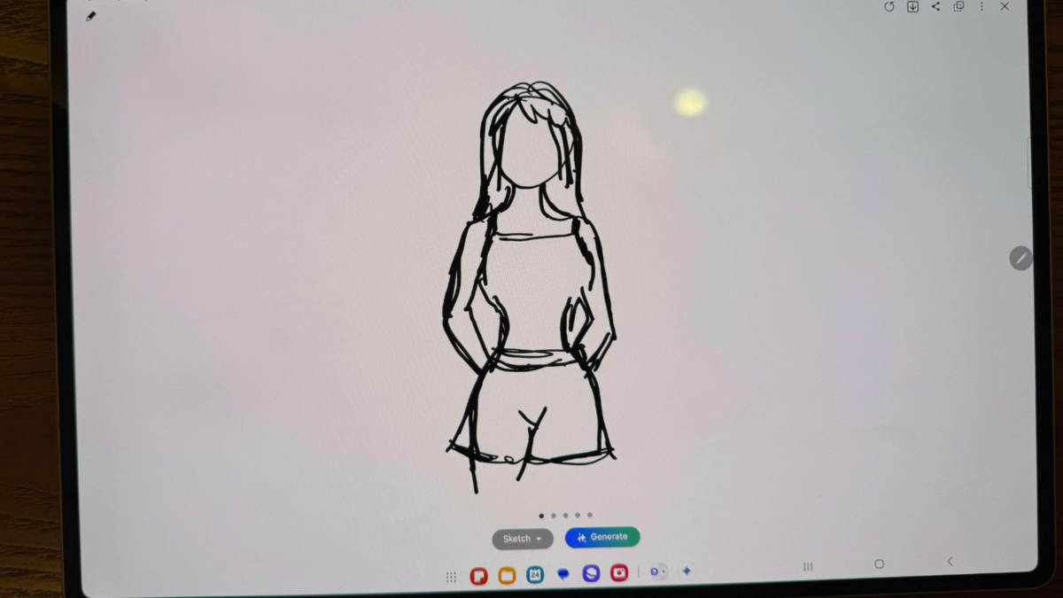 A sketchy image of a girl in a tank top and shorts, drawn on a Samsung tablet.