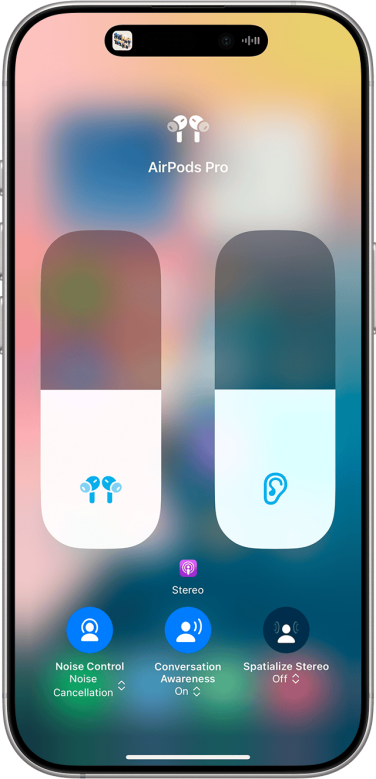 An iPhone's volume control screen, showing one volume bar for AirPods specifically and another for Hearing Aid mode.