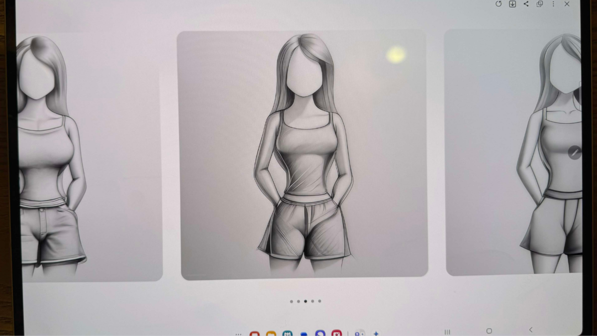 Three pictures of a girl enhanced by Samsung's Sketch to Image AI tool. She is wearing a tank to and shorts, and has no face.