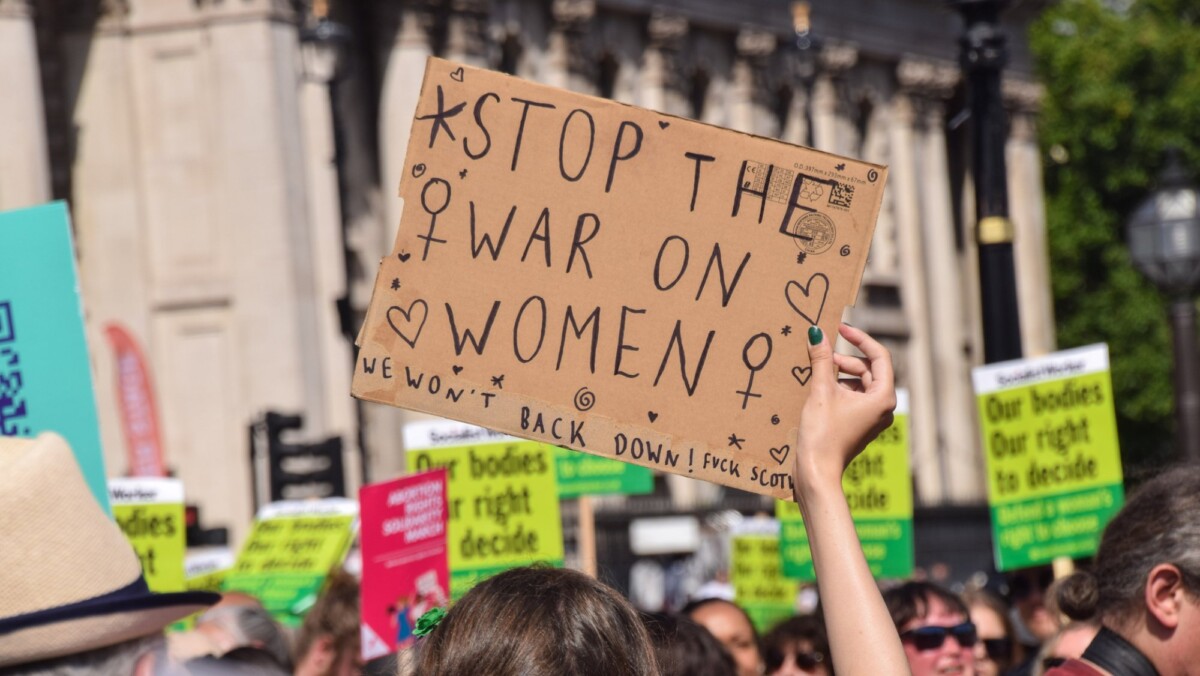 A protester in Trafalgar Square, London, in 2022 following the Supreme Court's decision to overturn Roe v Wade.